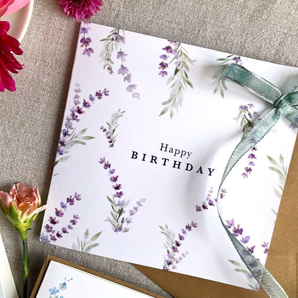 Carte de vœux fleurs de lavande illustrée à l’aquarelle, carte postale double format carré pour anniversaire ou fête