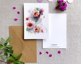 Postal mujer peonía flor ilustrada en acuarela - decoración primaveral