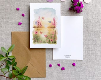 Cartolina primaverile illustrata in acquerello - fiori e farfalle decorazione primaverile
