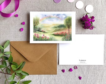 Postal de un paisaje florido ilustrado en acuarela - decoración primaveral