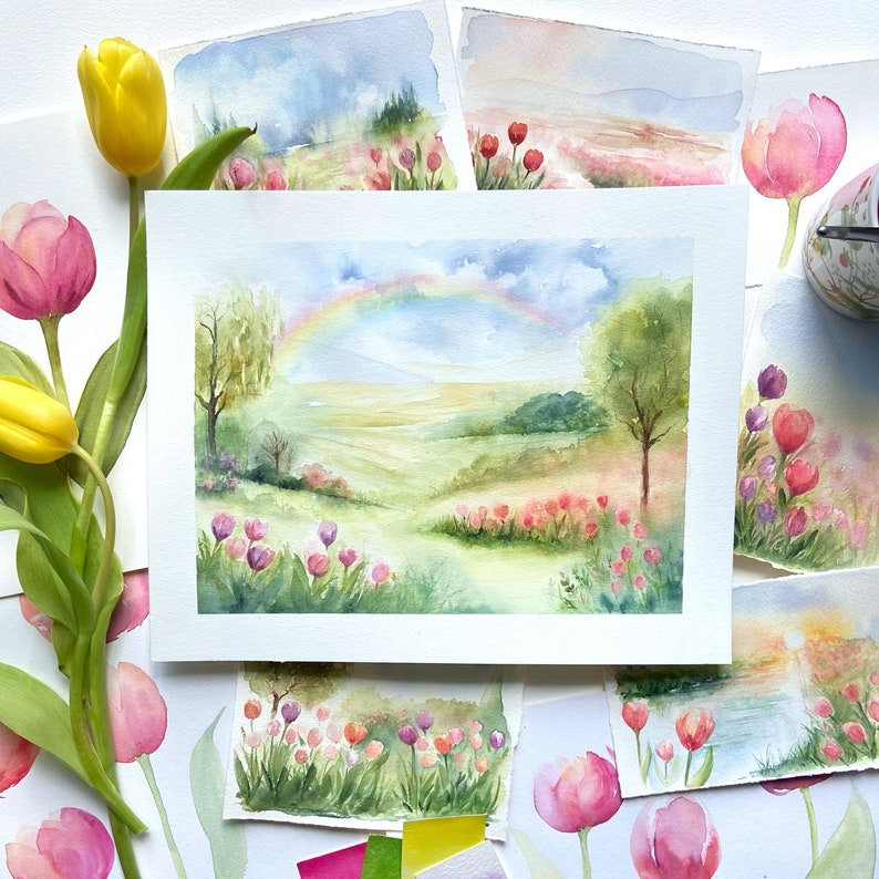 Carte postale dun paysage fleuri illustrée à laquarelle décoration de printemps image 3