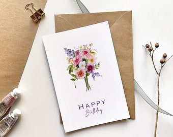 Carte Florale HAPPY BIRTHDAY - Impression d’illustration à l’aquarelle