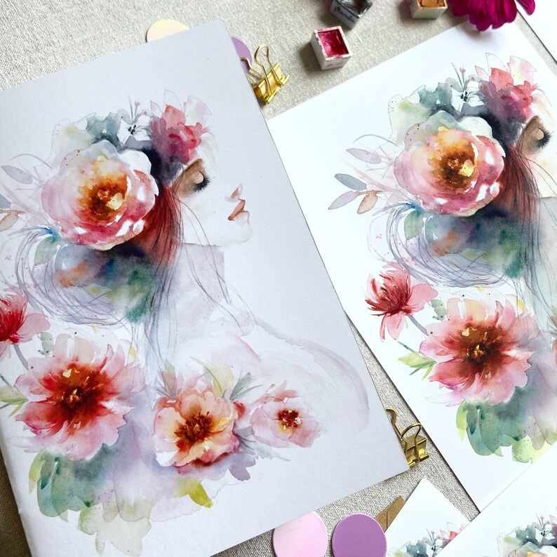 Carnet de note original Femme-Fleur pivoine format A5 illustrée à laquarelle image 2