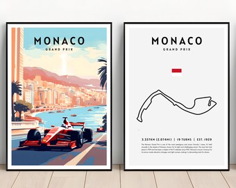 Lot de 2 impressions Grand Prix de Monaco, ensemble d'affiches du Grand Prix de Monaco, ensemble d'affiches F1, ensemble d'impressions du Grand Prix, impression de la piste du Grand Prix de Monaco, cadeau F1
