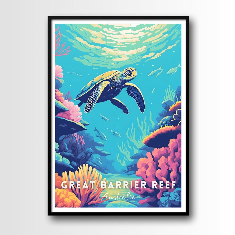 K&ouml;nnte beinhalten: Eine farbenfrohe Illustration einer Meeresschildkr&ouml;te, die im Great Barrier Reef schwimmt. Die Schildkr&ouml;te ist gr&uuml;n und schwarz mit einer blauen Schale. Das Riff ist eine lebendige Mischung aus Korallen, Fischen und Pflanzen. Der Text "Great Barrier Reef" und "Australia" befindet sich am unteren Rand des Bildes.