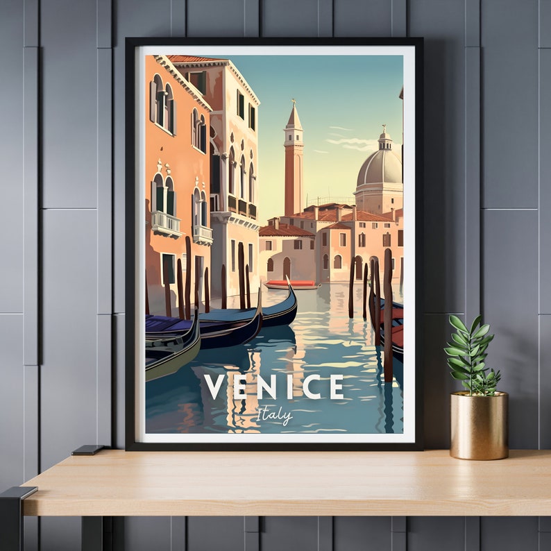 May include: A vintage travel poster featuring a colorful illustration of a canal in Venice, Italy. Gondolas are docked along the canal, with buildings lining the sides. The text "VENICE Italy" is at the bottom of the poster.