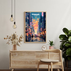 May include: A vintage-style poster with a colorful illustration of a street scene in Tokyo, Japan. The poster features a couple walking down a street lined with buildings and neon signs. The text "TOKYO JAPAN" is printed at the top of the poster.