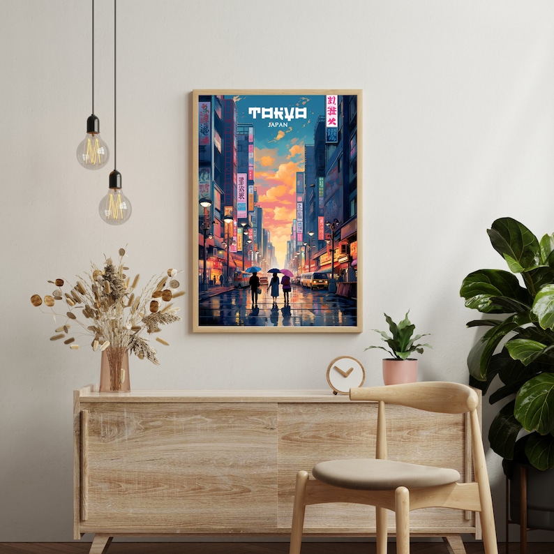 May include: A vintage-style poster with a colorful illustration of a street scene in Tokyo, Japan. The poster features a couple walking down a street lined with buildings and neon signs. The text "TOKYO JAPAN" is printed at the top of the poster.