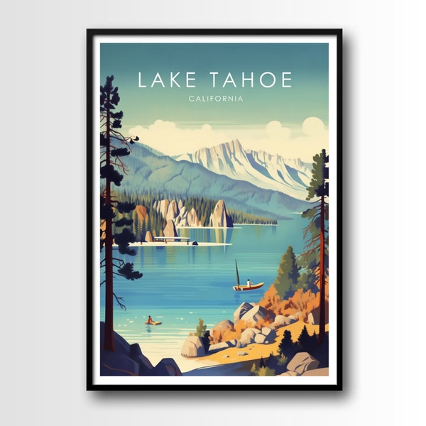 Póster de viaje del lago Tahoe, impresión de arte mural del lago Tahoe, póster de arte de viaje del lago Tahoe, descarga digital, arte mural imprimible del lago Tahoe
