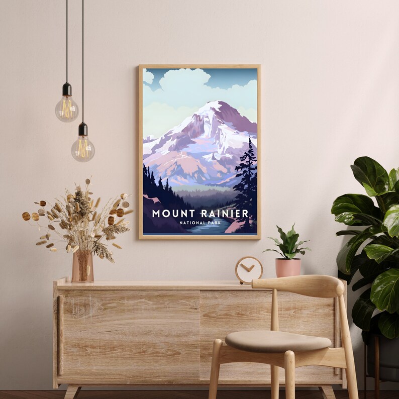 Mount Rainier Travel Poster, Mount Rainier Wall Art Print, Digital Download, Printable Mount ...