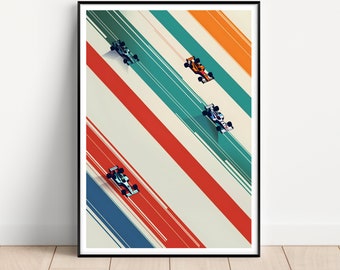 Può includere: Un'illustrazione astratta di quattro auto da corsa che sfrecciano su una pista. Le auto sono bianche, arancioni e blu, e la pista è composta da strisce diagonali rosse, arancioni, blu e verdi.