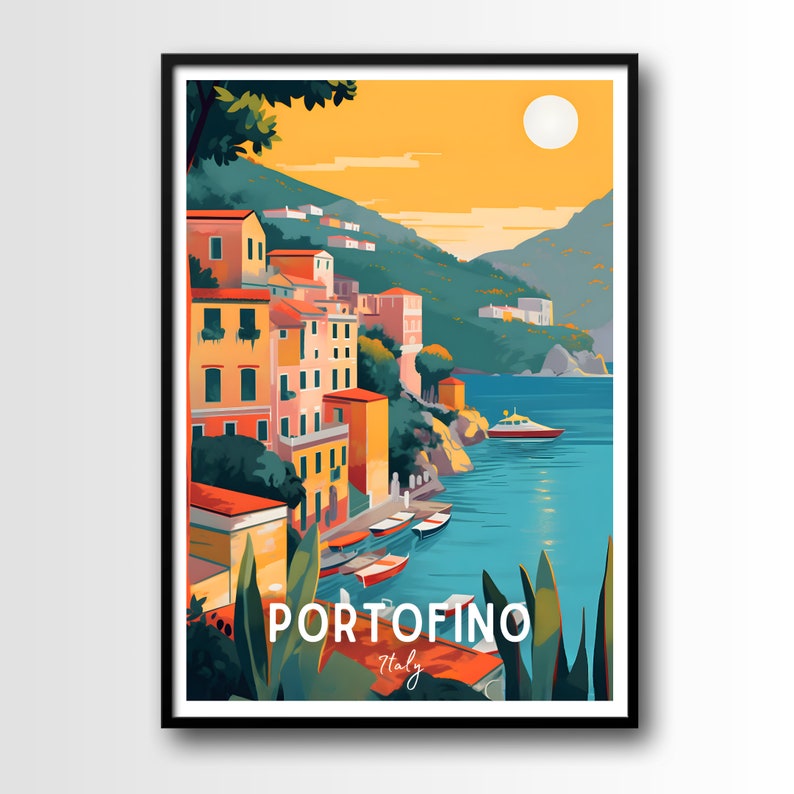 Op de afbeelding: Een kleurrijke illustratie van een kustplaats met gebouwen op een heuvel met uitzicht op een blauwe baai. De tekst "PORTOFINO Itali&euml;" staat onderaan de afbeelding.