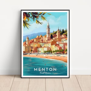 Poster di viaggio di Mentone, arte murale di Mentone, download digitale, stampa di Mentone, regalo di Mentone, arte murale del sud della Francia, arte murale della Costa Azzurra