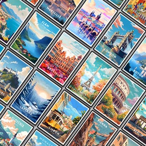 May include: A collage of colorful travel posters featuring iconic landmarks and cities around the world, including Paris, London, Rome, Barcelona, Brussels, Prague, Lisbon, Kotor, Slovenia, Lapland, Flam, Marseille, Vienna, Berlin, and Monaco.