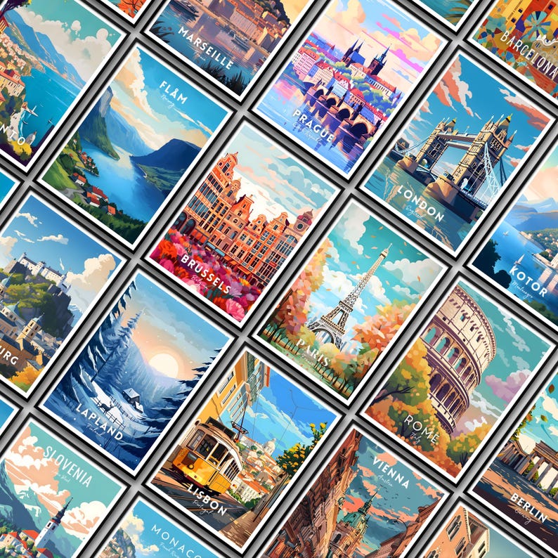 May include: A collage of colorful travel posters featuring iconic landmarks and cities around the world, including Paris, London, Rome, Barcelona, Brussels, Prague, Lisbon, Kotor, Slovenia, Lapland, Flam, Marseille, Vienna, Berlin, and Monaco.