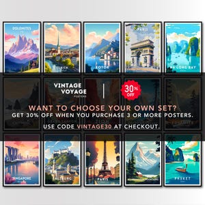 May include: A collage of vintage travel posters featuring various destinations around the world, including the Dolomites, Zurich, Kotor, Paris, Ha Long Bay, Olympic National Park, Grand Canyon, Zion National Park, Yosemite National Park, Singapore, Salzburg, Scandinavian Mountains, and Phuket. The posters are in a retro style with bold colors and typography. The text "Vintage Voyage Posters" is displayed in the center of the collage, along with a 30% off sale offer.