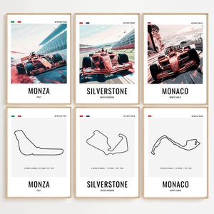 Set van 9 F1 Grand Prix-afdrukken, Grand Prix-posterset, Grand Prix van Monaco, Grand Prix Silverstone, Grand Prix van Monza, Formule 1-print, F1-cadeau