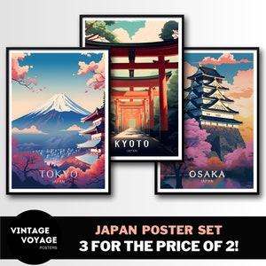 Set di 3 poster di viaggio in Giappone, set di poster di viaggio in Giappone, arte murale in Giappone, set di stampe in Giappone, download digitale, stampa di Tokyo, stampa di Kyoto, Osaka