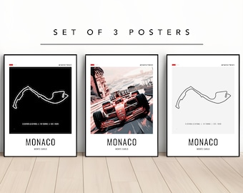 Ensemble de 3 impressions Grand Prix de Monaco, Ensemble d'affiches Grand Prix de Monaco, Ensemble d'affiches F1, Ensemble d'impressions Grand Prix, Impression circuit Grand Prix de Monaco, Cadeau F1