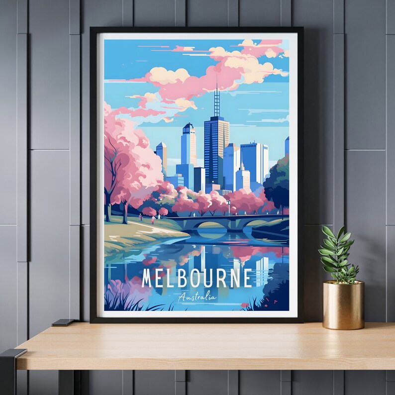 May include: A colorful illustration of the Melbourne skyline with a river and bridge in the foreground. The city is depicted with tall buildings and pink clouds in the sky. The text "MELBOURNE Australia" is at the bottom of the image.
