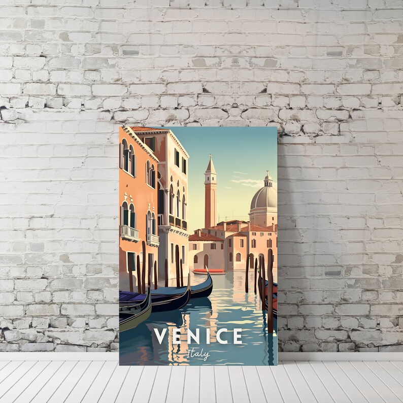 May include: A vintage travel poster featuring a colorful illustration of a canal in Venice, Italy. Gondolas are docked along the canal, with buildings lining the sides. The text "VENICE Italy" is at the bottom of the poster.