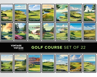 Golf Prints Set of 22, Augusta, Pebble Beach, Pinehurst, Golf course Posters, Golf Wall Art, golf course poster bundle, Gift, Sawgrass