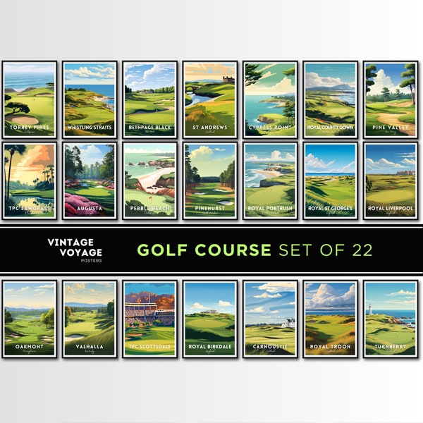 Golf Prints Set of 22, Augusta, Pebble Beach, Pinehurst, Golf course Posters, Golf Wall Art, golf course poster bundle, Gift, Sawgrass