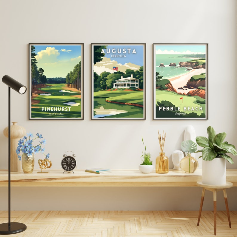 Golf Prints Set, Augusta, Pebble Beach, Pinehurst, Golf Course Posters ...