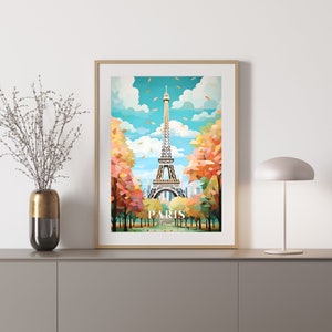 May include: A colorful illustration of the Eiffel Tower in Paris, France. The tower is surrounded by trees with fall foliage. The text "PARIS France" is at the bottom of the image.