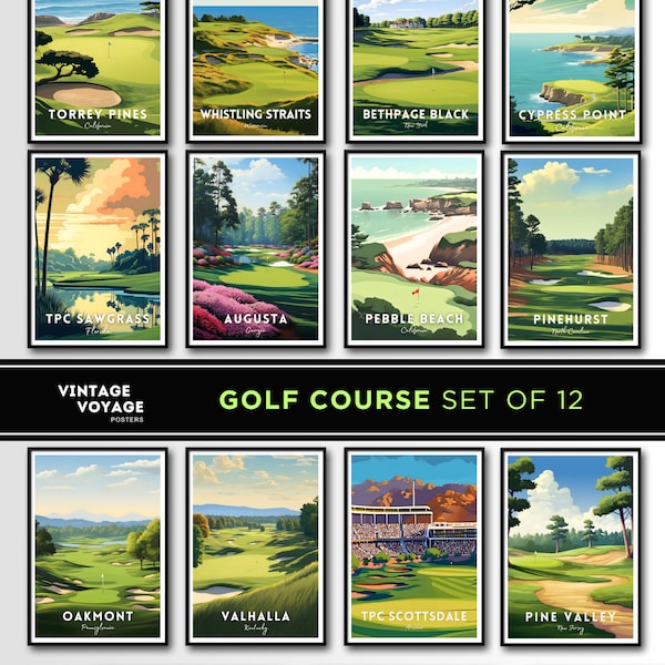 Golf prints set van 12, Augusta, Pebble Beach, Pinehurst, golfbaan posters, golf kunst aan de muur, golfbaan poster bundel, cadeau, Sawgrass