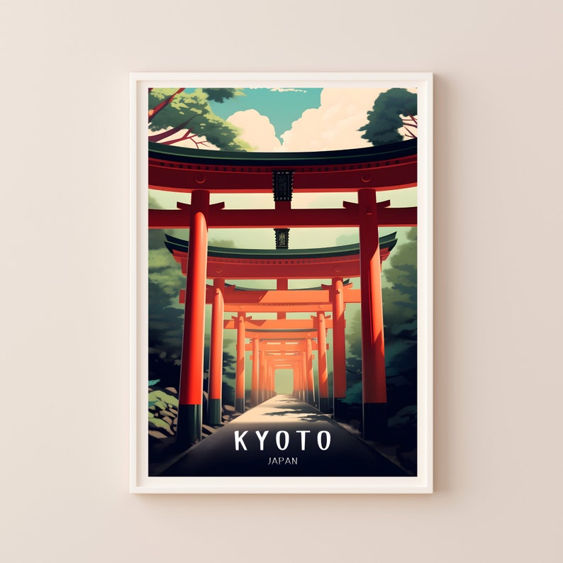 May include: A vibrant illustration of a traditional Japanese torii gate, a bright red structure with multiple arches leading to a path in a forest setting. The text "KYOTO JAPAN" is displayed below the gate.