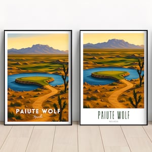 May include: Two framed prints of a golf course in the desert. The prints are titled "Paiute Wolf, Nevada". The prints show a green golf course with a lake in the background. The prints are framed in black frames.