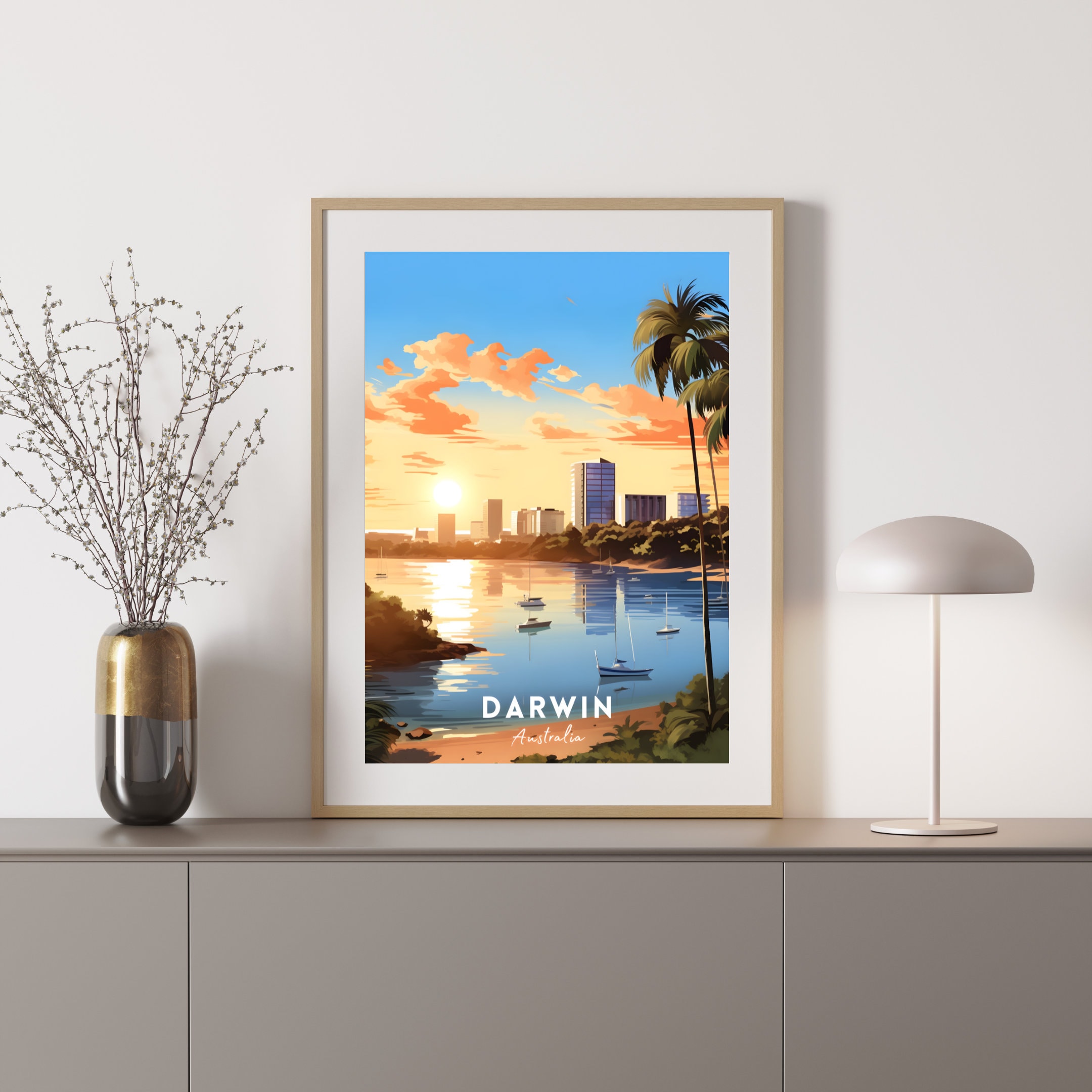 Darwin Australia Travel Poster, Sunset Cityscape Art (digital