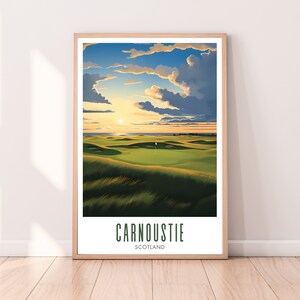 May include: A digital illustration of a golf course with a green putting green in the foreground. The sky is a vibrant blue with fluffy white clouds and a bright orange sun setting in the distance. The text "Carnoustie, Scotland" is at the bottom of the image.