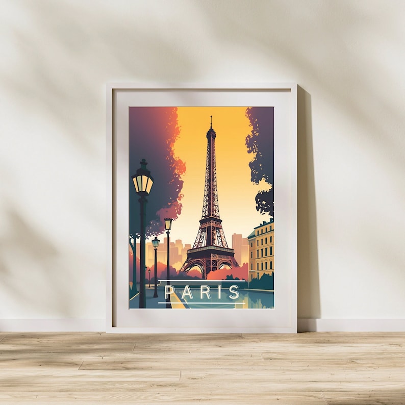 May include: A vintage travel poster featuring the Eiffel Tower in Paris, France. The poster has a yellow, orange, and blue color scheme with a silhouette of the Eiffel Tower in the center. The text "PARIS" is printed in white at the bottom of the poster.