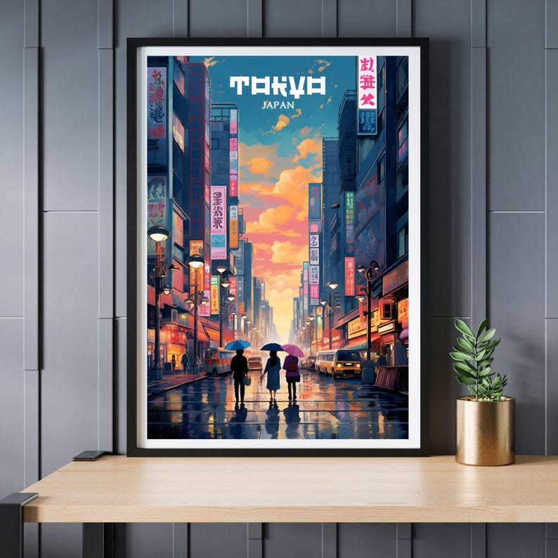 May include: A vintage-style travel poster featuring a cityscape of Tokyo, Japan. The poster depicts a street scene with tall buildings, neon signs, and people walking under umbrellas. The text "TOKYO" and "JAPAN" is displayed at the top of the poster.