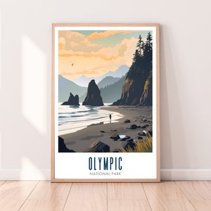 Könnte beinhalten: Eine farbenfrohe Illustration einer Strandszene mit einer Person, die am Strand entlangläuft. Der Strand ist von felsigen Klippen und üppigen grünen Bäumen umgeben. Der Himmel ist in leuchtendem Orange und Gelb gehalten, mit ein paar Wolken. Der Text "OLYMPIC NATIONAL PARK" ist unten auf dem Bild gedruckt.