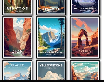 May include: Set of nine vintage National Park posters featuring iconic landscapes from Redwood, Yosemite, Mount Rainier, Zion, Rocky Mountain, Arches, Glacier, Yellowstone, and Grand Canyon National Parks. Each poster features a colorful illustration of the park's scenery and the park's name in bold text.