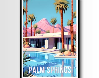 Puede incluir: Una ilustración de estilo retro de una casa moderna con una piscina en frente. Palmeras y montañas rosas están en el fondo. El texto "PALM SPRINGS" está impreso en letras blancas sobre el agua azul de la piscina.