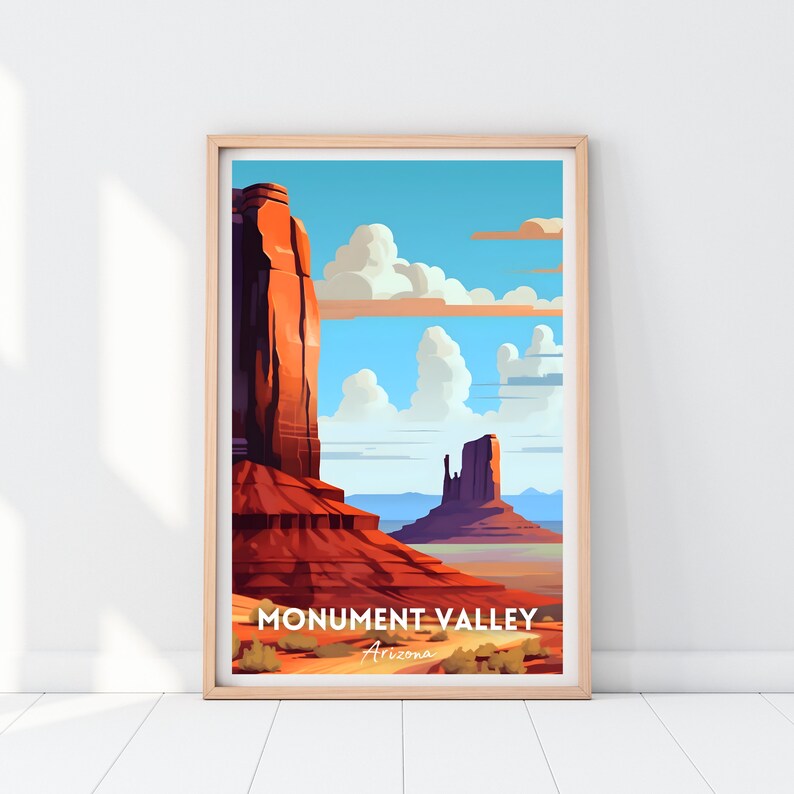 Pu&ograve; includere: Un'illustrazione colorata di Monument Valley in Arizona. L'immagine presenta due grandi formazioni rocciose rosse su uno sfondo di cielo blu con nuvole bianche. Il testo "Monument Valley" e "Arizona" &egrave; stampato sotto l'immagine.