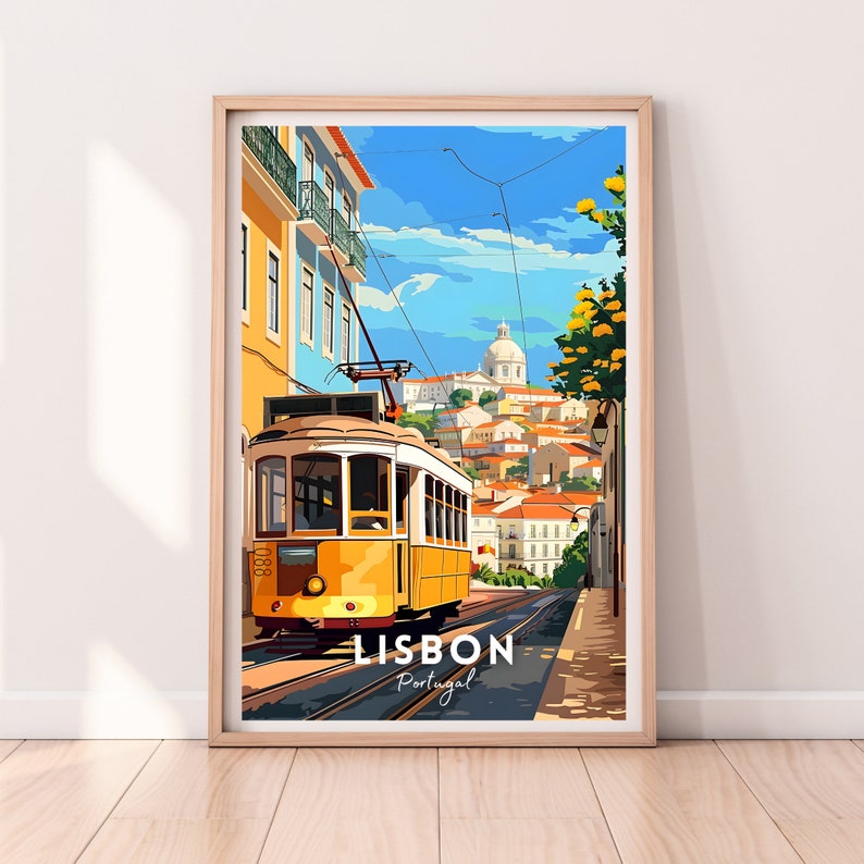 May include: A yellow tram travels down a street in Lisbon, Portugal. The tram is surrounded by colourful buildings and a blue sky with white clouds. The text "LISBON Portugal" is printed below the tram.