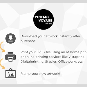 May include: A diagram showing the steps to download, print, and frame artwork. The steps are illustrated with icons: a download arrow, a printer, and a picture frame. The text reads: "Download your artwork instantly after purchase. Print your JPEG file using an at home printer or online printing services like Vistaprint, Digitalprinting, Staples, Officeworks etc. Frame your new artwork!"