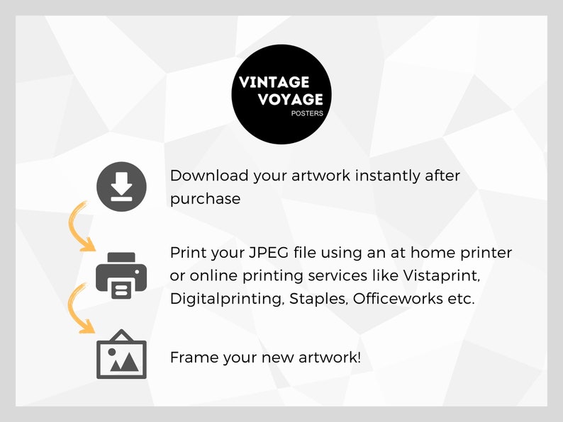 May include: A diagram showing the steps to download, print, and frame artwork. The steps are illustrated with icons: a download arrow, a printer, and a picture frame. The text reads: "Download your artwork instantly after purchase. Print your JPEG file using an at home printer or online printing services like Vistaprint, Digitalprinting, Staples, Officeworks etc. Frame your new artwork!"