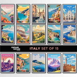 Italien Reise Poster Set von 15, Italien Reise Print Set, Italien Wandkunst, Rom, Florenz, Venedig, Amalfiküste, Sorrento, Positano, Mailand, Geschenk