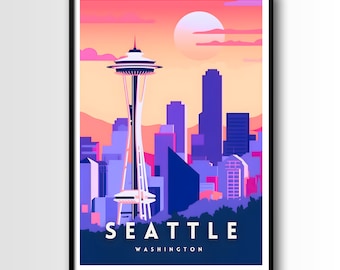 May include: A colorful illustration of the Seattle skyline with the Space Needle in the foreground. The background is a sunset with pink and orange hues. The text "SEATTLE WASHINGTON" is at the bottom of the image.
