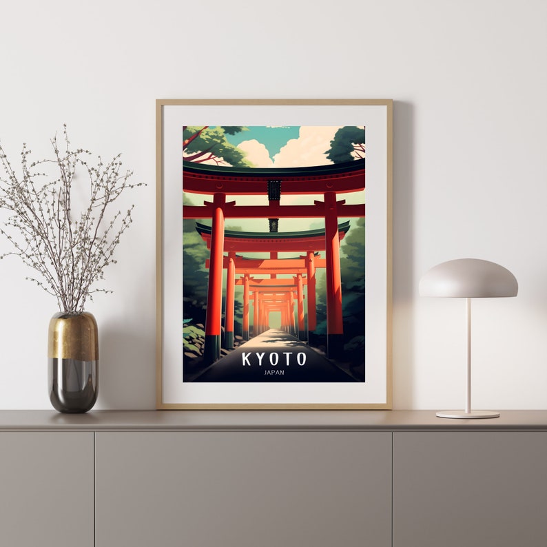 May include: A vintage travel poster featuring a red torii gate in a forest setting. The poster has the text "KYOTO JAPAN" at the bottom.