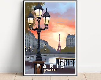 Paris Eiffel Tower Travel Poster, Sunset Wall Art (Digital Download)