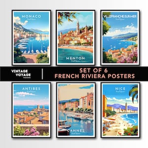 Ensemble d'affiches Côte d'Azur, ensemble d'impressions Côte d'Azur, art mural Côte d'Azur, Monaco, Nice, Menton, Antibes, Cannes, Villefranche-Sur-Mer