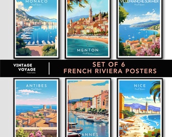 French Riviera Poster set, French Riviera Print set, French Riviera wall art, Monaco, Nice, Menton, Antibes, Cannes, Villefranche-Sur-Mer