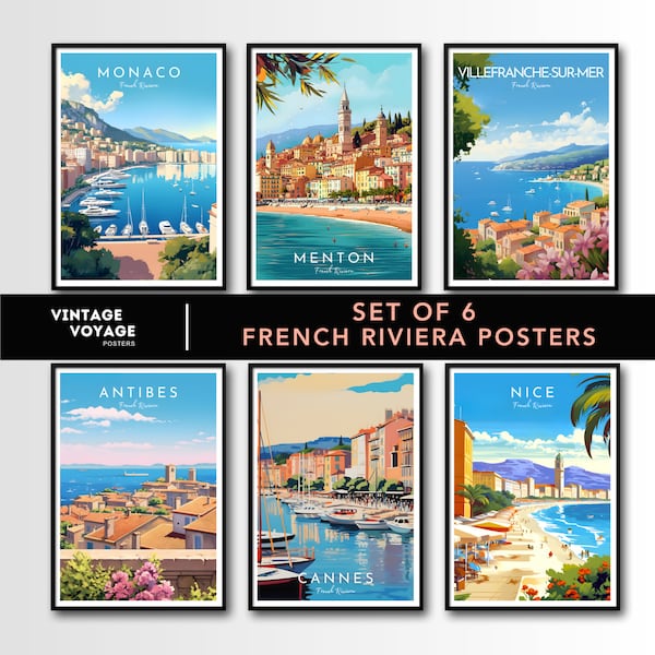 French Riviera Poster set, French Riviera Print set, French Riviera wall art, Monaco, Nice, Menton, Antibes, Cannes, Villefranche-Sur-Mer